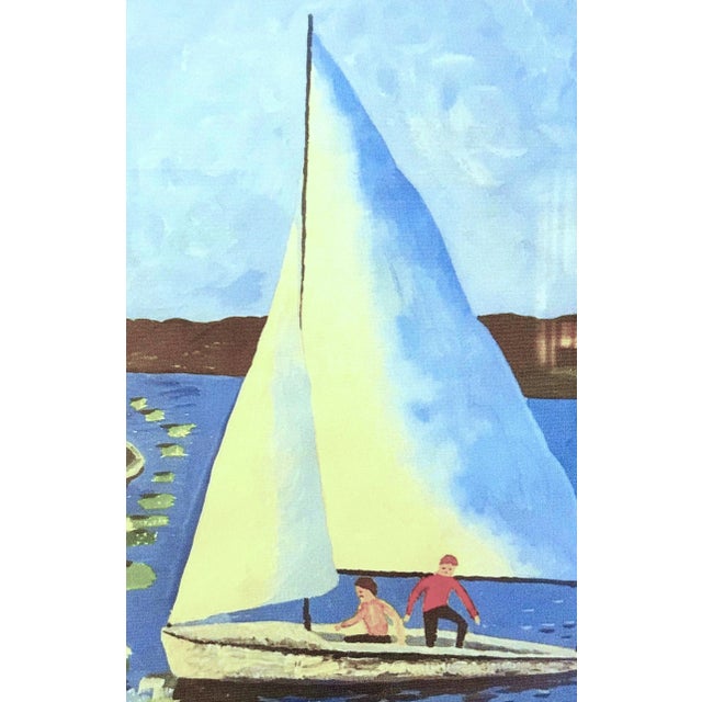 Cornflower Blue Late 20th-Century Giclée Signed Print on Canvas of Sailboats on Lake Geneva For Sale - Image 8 of 12
