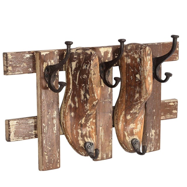 Wood Antique Wood Shoe Last Wall Hook Rack | Rustic Reclaimed Timber Coat Hanger | Unique Industrial Entryway Organizer |Handmade Farmhouse Decor For Sale - Image 7 of 7