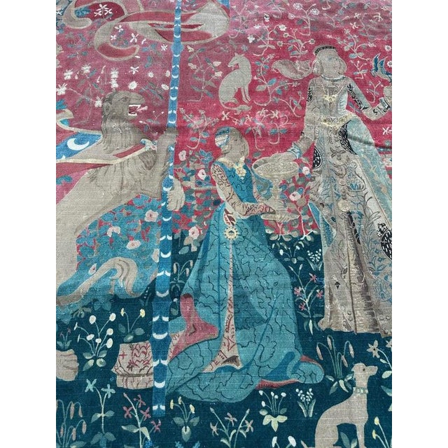1950s Antique French Screen Printed Tapestry Lady and Licorn, 1950s For Sale - Image 5 of 18