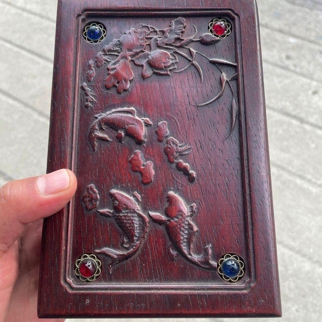 Vintage Chinese Carved Rosewood Box With Stone Inlays & Lotus Fish Motif - Jewelry/Keepsake Box For Sale - Image 4 of 9