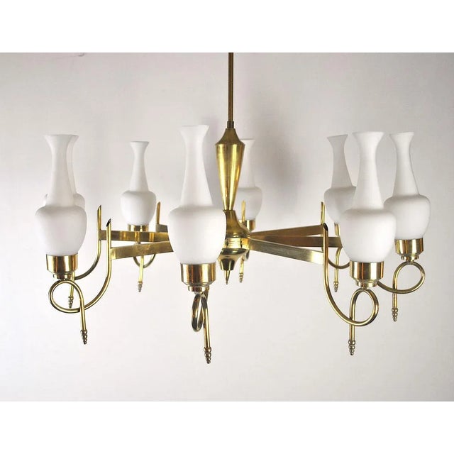 Mid-Century Brass and Opaline Glass Chandelier, 1950s For Sale - Image 15 of 15