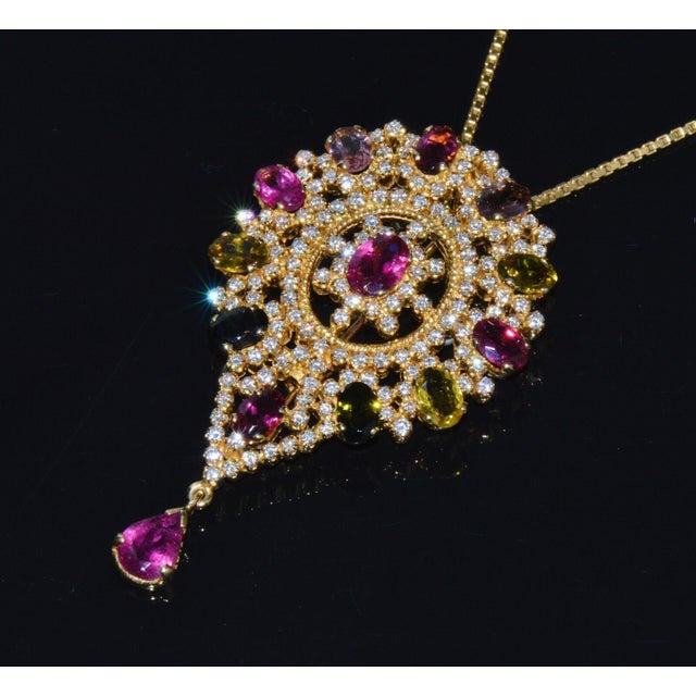 Certified Natural 10.46Cts VS G Diamond Multi Tourmaline 18K Gold Pendant Brooch For Sale - Image 10 of 10