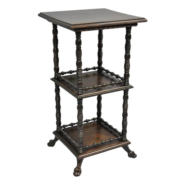 Antique American Empire Mahogany Carved Paw Foot 3 Tier Plant Stand Side Table For Sale