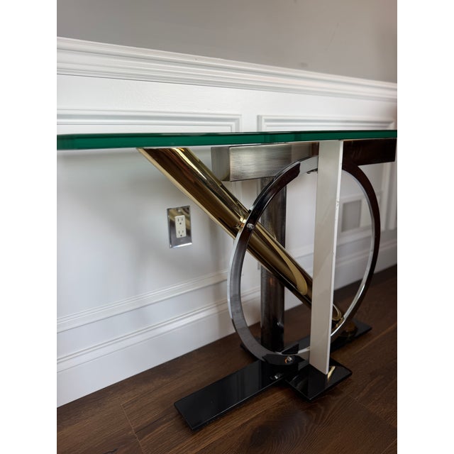 Chrome Kaizo Oto for Design Institute America Postmodern Brass, Chrome & Glass Sculptural Console Table For Sale - Image 8 of 12