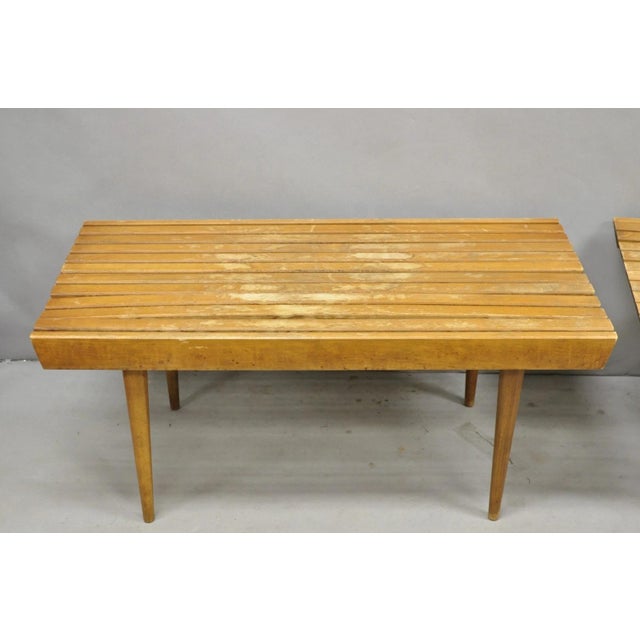 Mid 20th Century Vintage Mid Century Modern 36" Wood Slat Bench Coffee Table Side Table - A Pair For Sale - Image 5 of 16