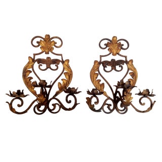 French Iron & Tole 3-Arm Sconces - A Pair For Sale