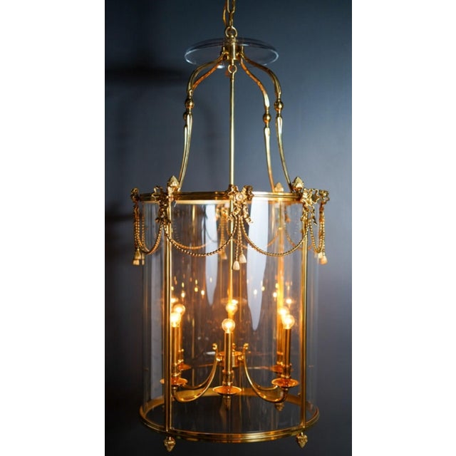 Traditional Custom Made Brass Lantern Chandelier Circular Glass Pendant Light 6 Light For Sale - Image 3 of 17