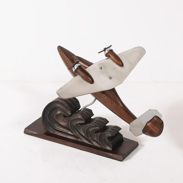 Art Deco Anthoine Art Bois Carved Wood and Metal Seaplane Model on Stand For Sale - Image 14 of 14