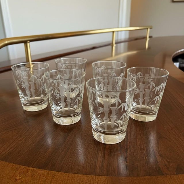 Transparent Vintage Mid-Century Modern Sasaki Noritake Bamboo Etched Rocks Glasses- Set 6 For Sale - Image 8 of 11