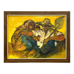 Mid-20th Century Figural Oil Painting of Seated Figures, Signed