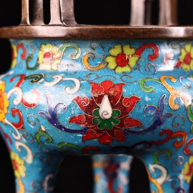 Vintage Cloisonne Enamel Incense Burner – 5.1" Gilt Tripod Censer With Twin Handles For Sale - Image 4 of 8