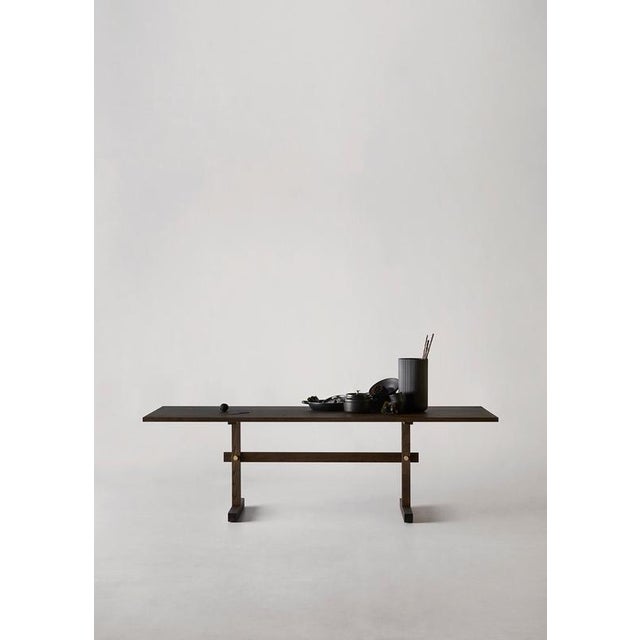 Gaspard Dark Oak and Brass Dining Table 240 by Eberhart Furniture Dimensions: D 240 x W 85 x H 73 cm. Materials: Dark oak,...
