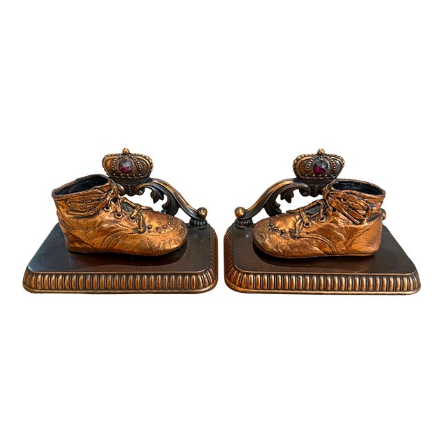 Mid 20th Century Alice Ames Bronzed Baby Shoe Bookends With Jeweled Crowns - Pair For Sale