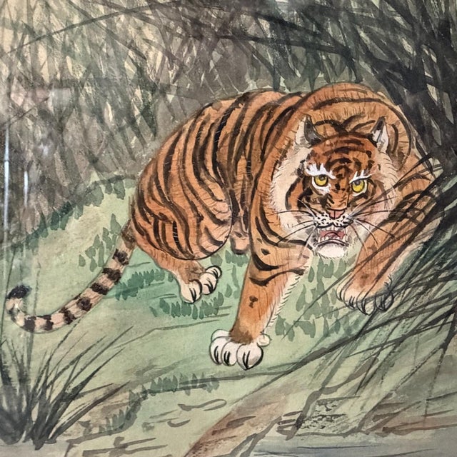 Mid-Century Chinese Stalking Tiger Watercolor Painting on Silk - Framed Capture a timeless Chinoiserie aesthetic with this...