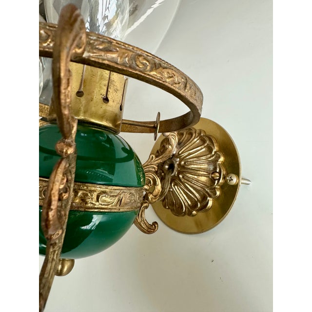 Pair Italian Green & Brass Faux Oil Lamp Wall Sconces For Sale - Image 10 of 18