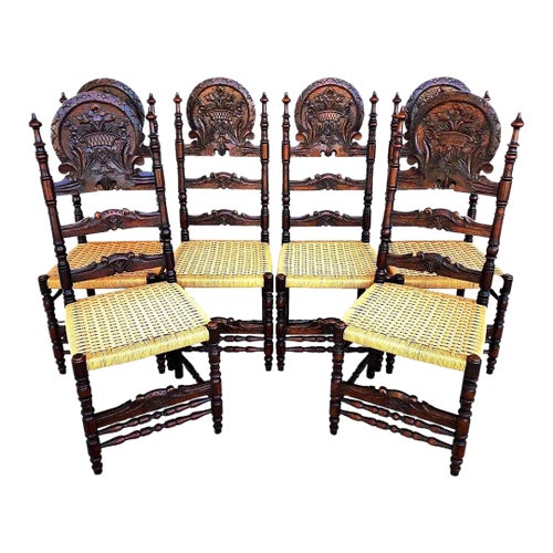 Antique Spanish Colonial Dining Chairs Rope Seats 1800s Set of