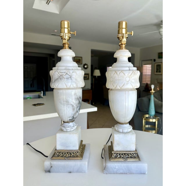 Alabaster Pair of Italian Neoclassic Alabaster Table Lamps, Hand-Carved, 1950s For Sale - Image 8 of 18