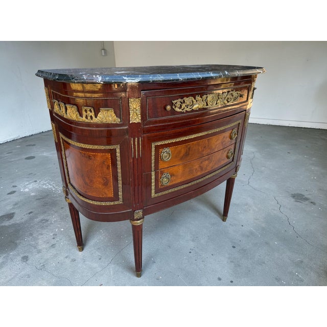 Brown Vintage French Ormolu Louis XVI Wood Commode Chest Marble Top For Sale - Image 8 of 12