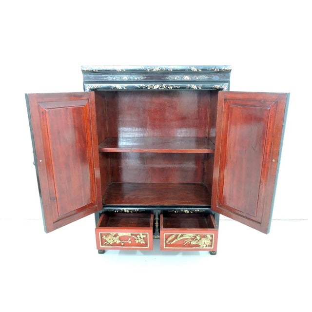 1980s Fine Chinese Black, Red and Gold Hand Carved Cherry Blossom Multi Panel Wood Cabinet or Cupboard For Sale - Image 5 of 12