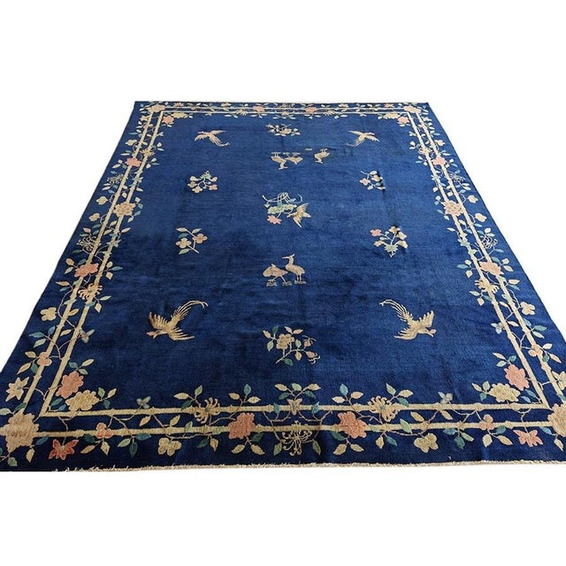1920s Blue Floral Bird Deco Antique Chinese Peking Wool Rug 8'1'' X 9'5'' For Sale - Image 9 of 9