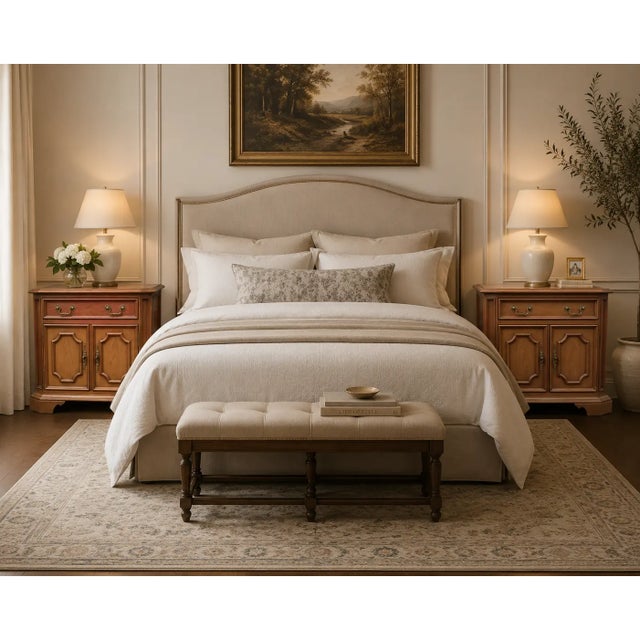 Two nightstands in a French provincial style. The finish is oak and the hardware is brass with an aged appearance. An...