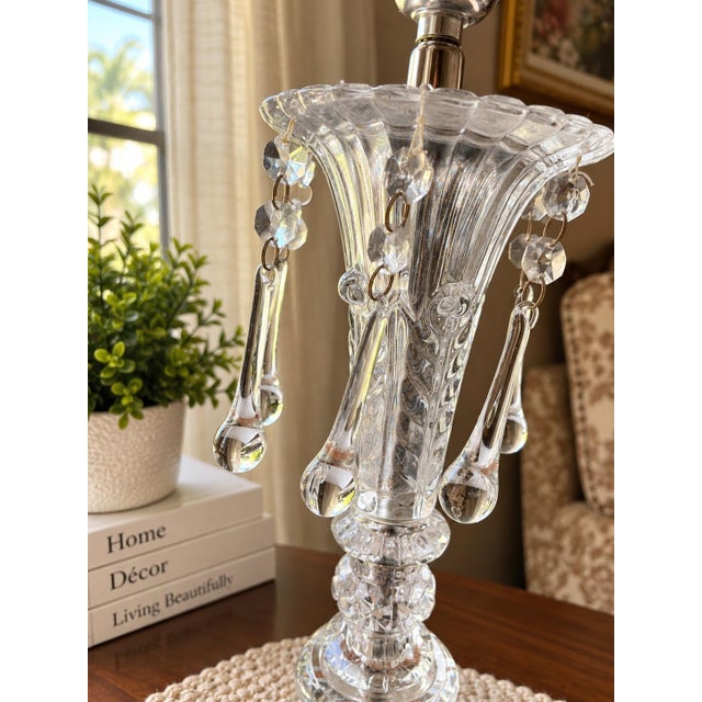 Vintage Pair of Cut Glass Table Lamps, Crystal Prisms, Ornate Traditional Hollywood Regency Lighting, Clear Glass Decorative Lamps For Sale In Naples, FL - Image 6 of 10