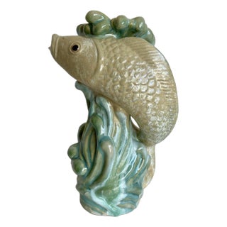Glazed Figurative Fish in Water Majolica Ceramic Vase For Sale