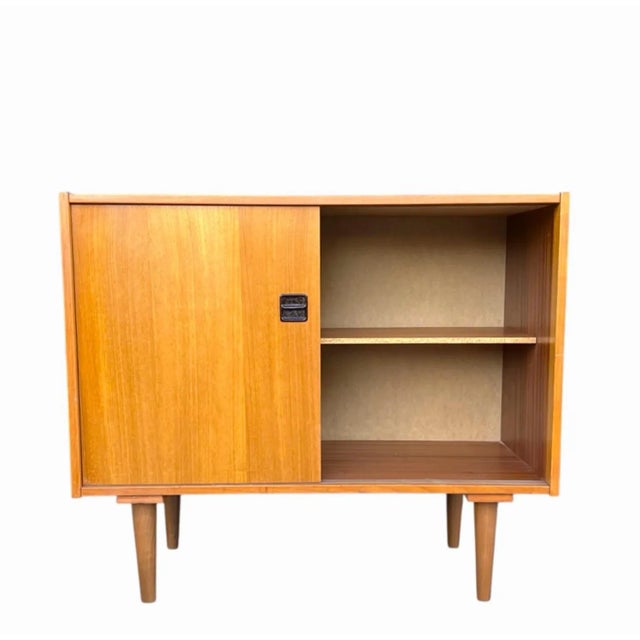 Wood Vintage Danish Modern Teak Bar Cabinet With Sliding Doors For Sale - Image 7 of 14