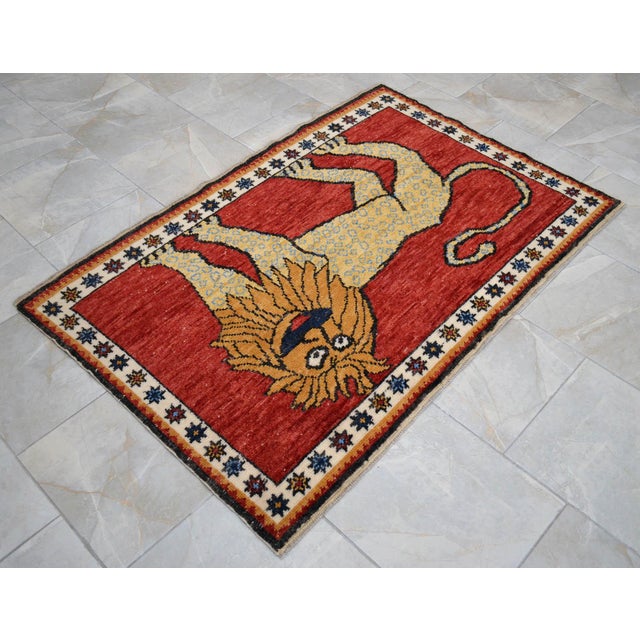 Quirky Lion Oushak Rug 3x5, Whimsical Folk Art Wool Rug, Terracotta Red Turkish Area Rug, Small Hand Knotted Leopard Rug for Entryway 3'5" X 5'1" For Sale - Image 11 of 16