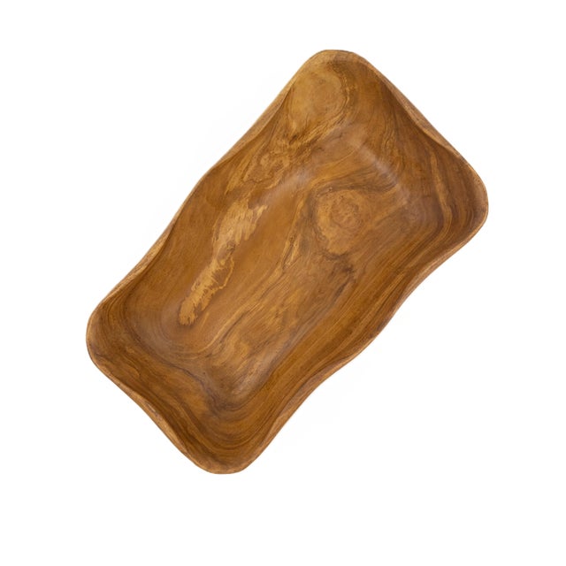 Brown Hand-Carved Peruvian Olive Wood 15.75"l Serving Bowl With Beautiful Sculpted Rim For Sale - Image 8 of 11