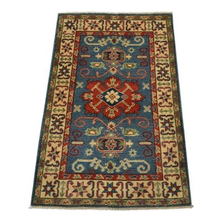 Kazak Rug 2’9” X 4’2” Blue Wool Tribal Hand-Knotted Oriental Carpet For Sale