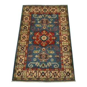 Kazak Rug 2’9” X 4’2” Blue Wool Tribal Hand-Knotted Oriental Carpet
