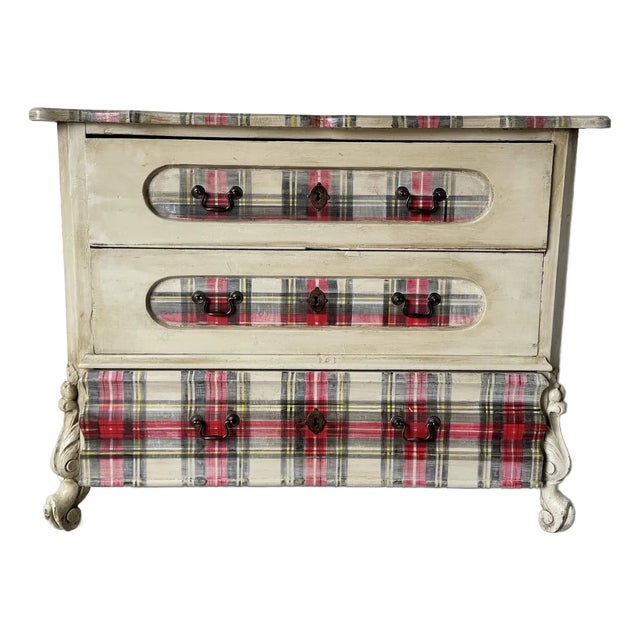 Antique French Country Farmhouse Chest of Drawers With Tartan Detailing For Sale