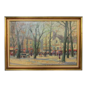 Impressionist Autumn Cityscape Early 20th-Century Oil Painting on Canvas Framed Signed