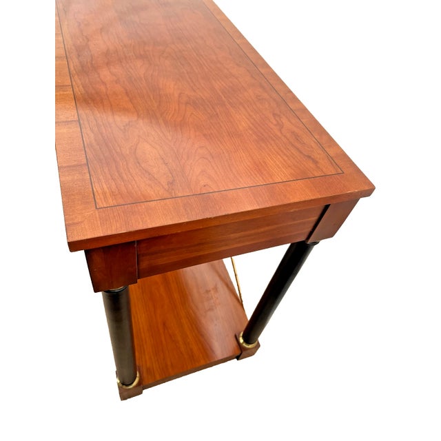 Vintage Ethan Allen Sofa Console Table, Regency Neo Classical, Cherry, Brass X Stretcher For Sale - Image 9 of 14