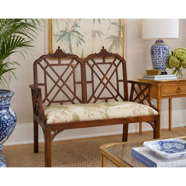 Chinoiserie Vintage Chinese Chippendale Style Double-Back Walnut Settee With Botanical Upholstery For Sale - Image 3 of 10