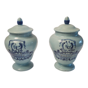 1920s Pair of French Aqua Blue Stoneware Canisters