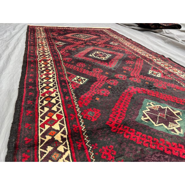 Vintage Afghan Hand-Knotted Wool Runner Rug | Tribal Red & Black Geometric Rug For Sale - Image 9 of 10