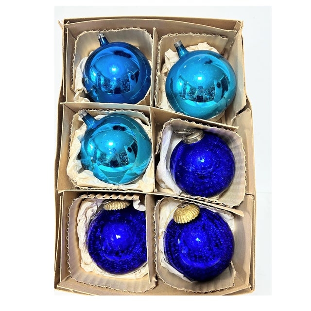 Vintage Large Kugel-Style Mercury Glass Christmas Ornaments, Blue & Teal, Set of 6 For Sale