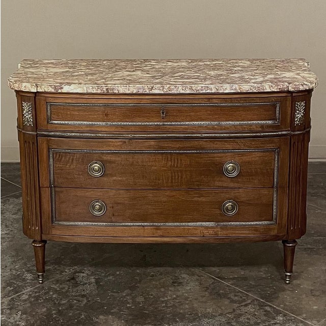 Antique French Louis XVI Neoclassical Marble Top Walnut Commode For Sale - Image 9 of 16