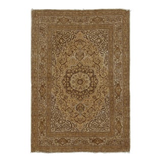 Antique Persian Tabriz Rug With Gold & Brown Floral Medallion - Rug & Kilim For Sale