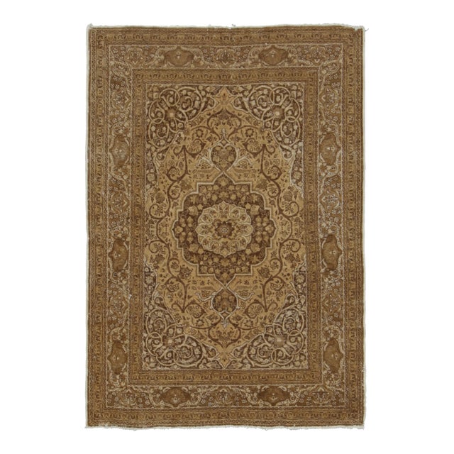 Antique Persian Tabriz Rug With Gold & Brown Floral Medallion - Rug & Kilim For Sale