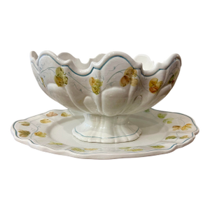 Vintage Italian Ceramic Footed Punch Bowl & Platter -2pc