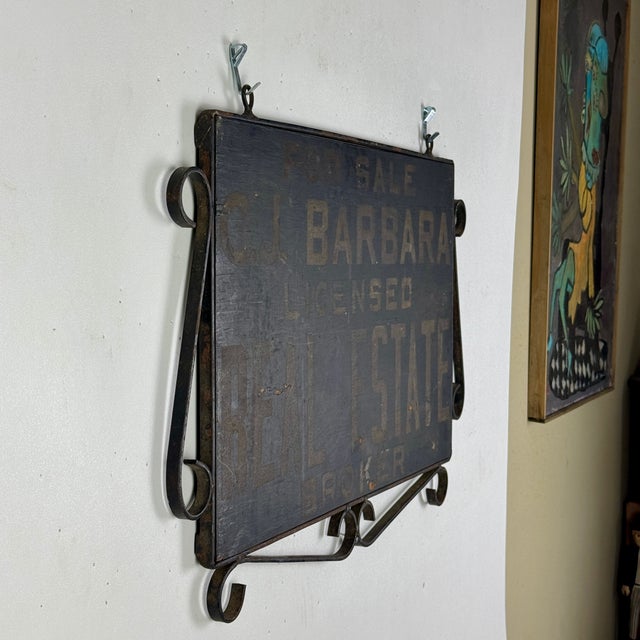 1900 - 1909 Antique Hand Painted Wood Real Estate Sign in Wrought Iron Scroll Design Frame For Sale - Image 5 of 12