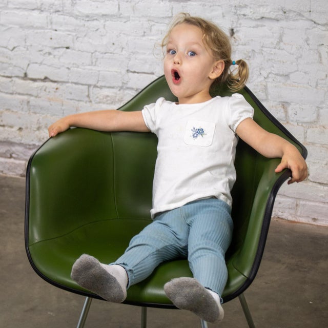 1971 MCM Eames Herman Miller Molded Fiberglass Shell Armchair Upholstered Green Naugahyde Galvanized H Base For Sale - Image 11 of 18