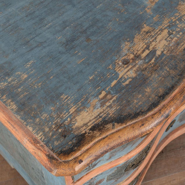 Wood Late 18th Century Danish Pine Original Blue Painted Chest of Three Drawers For Sale - Image 7 of 14