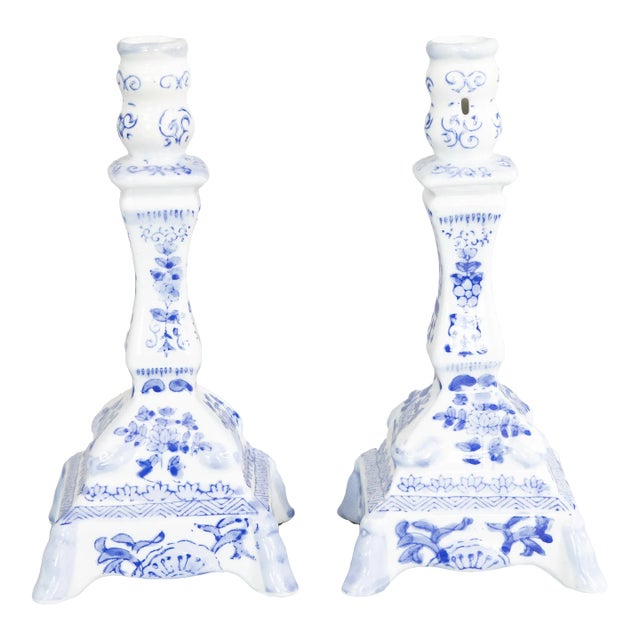 Vintage Delft Style Floral Candlesticks - a Pair For Sale