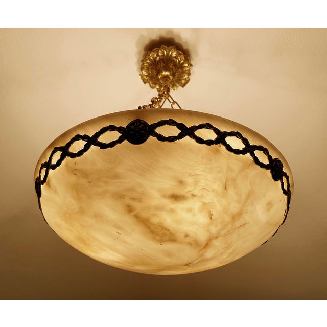 French Art Deco Alabaster and Bronze Pendant Light, 1930s For Sale - Image 10 of 18