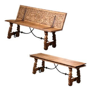 19th Century Spanish Renaissance Carved Chestnut Folding Bench With Iron For Sale