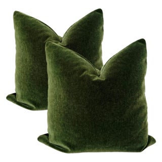 Plush Forest Green Down Filled Mohair Pillows - A Pair For Sale